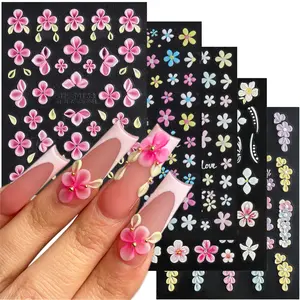 Fcozpjk 5D Embossed Flower Nail Stickers, 5PCS Colorful Floral Nail Art Stickers Pink Cherry Blossom Hibiscus Daisy Nail Decals Self-adhesive Pegatinas Para Uñas Spring Summer Decoration