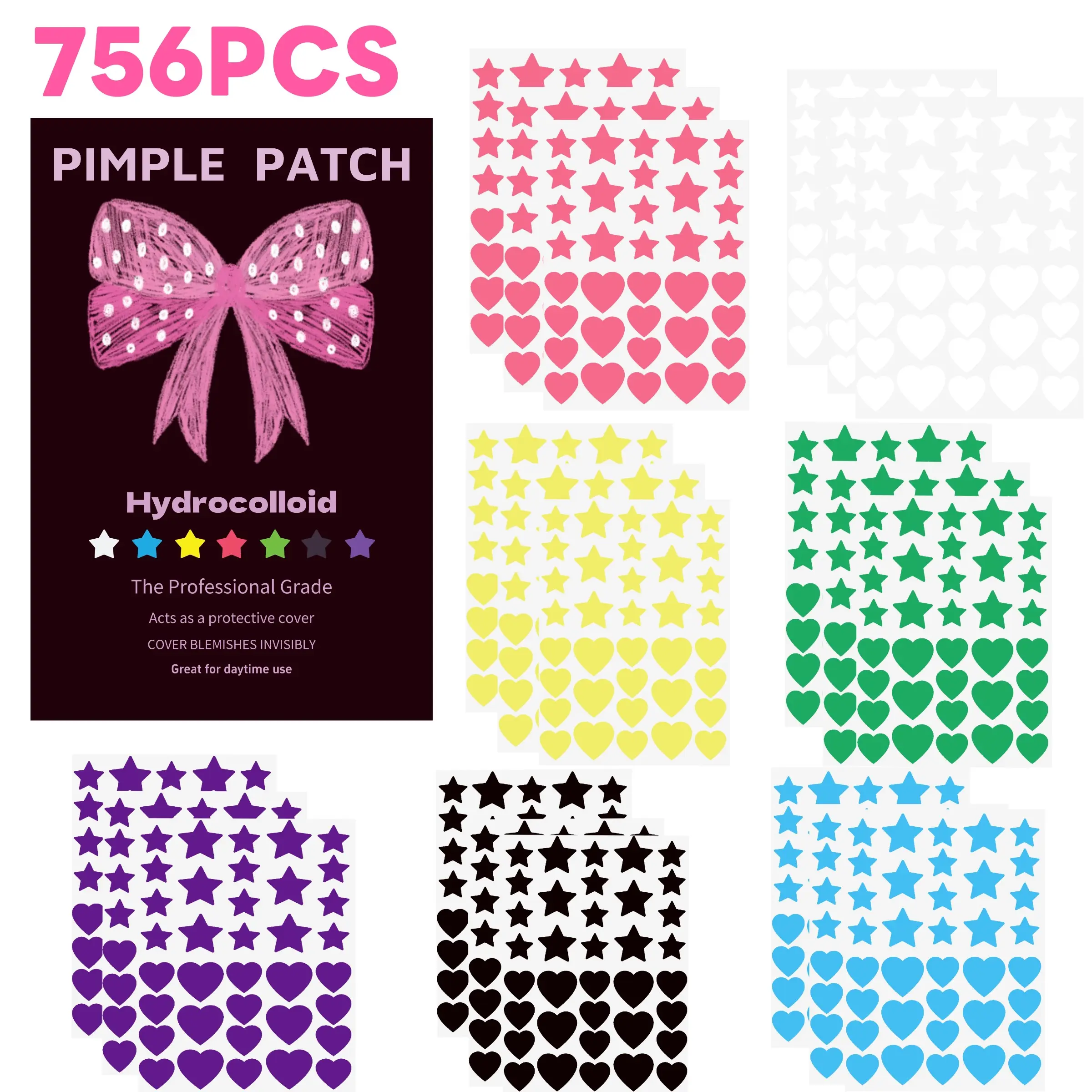 252/504/756pcs Bow Heart Star Acne Patches, Lightweight Invisible Strong Absorbent Soothing Anti-Inflammatory Waterproof Non-Irritating Blemish Barrier Patches Acne Clearing Products Blemish Relief Care