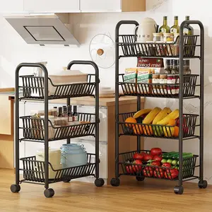 4-Tier Adjustable Rolling Kitchen Storage Cart, Large Capacity Metal Shelves, No-Drill Assembly, Space-Saving, Easy to Assemble
