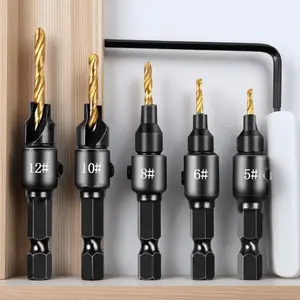 Titanium Coated Countersink Hex Shank Drill Bit Set - 5-Piece, High Precision Spiral Bits for #5-#12 Screws, Heavy-Duty Woodworking Tools for Furniture Assembly & DIY Pre-Drilling, Durable Hardware Kit for Home Repair