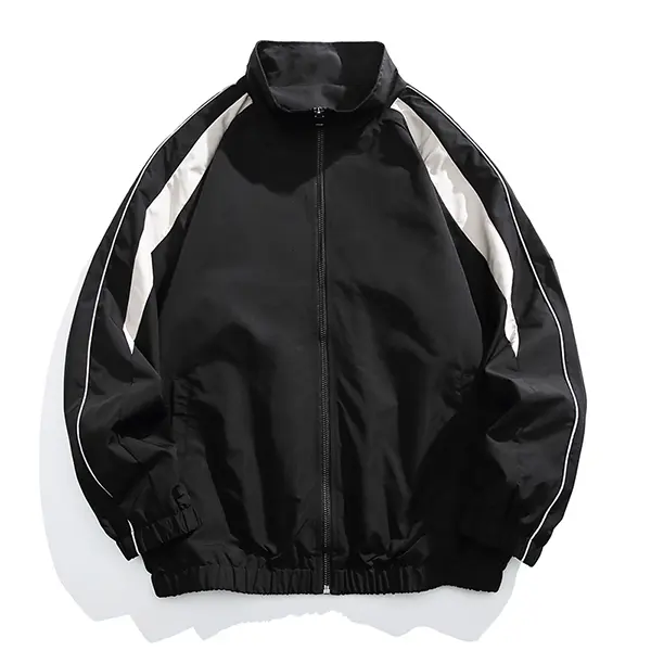 Men's Black White Striped Sport Jacket - Zipper Closure, Lightweight, Retro Casual Sports Style