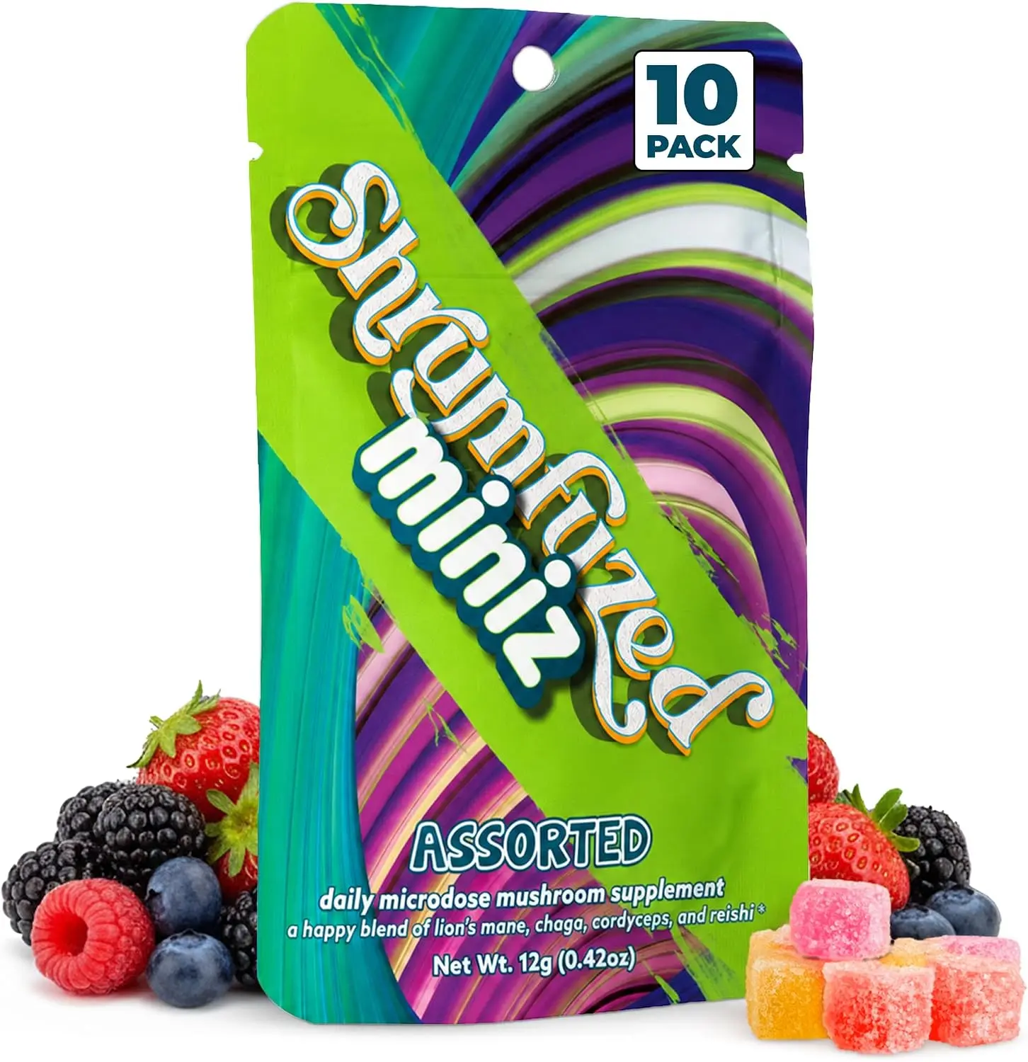 Miniz Mushroom Gummies, Assorted (10 Count) | Nootropic Mushroom Supplement with Lion's Mane, Reishi, Cordyceps & Chaga stress management