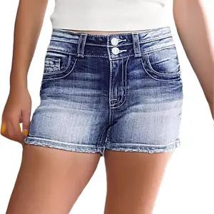 Ripped Stretchy Jean Shorts for Women High Rise Raw Hem Low Waist Casual Trendy Denim Shorts with Pockets and Distressed Look