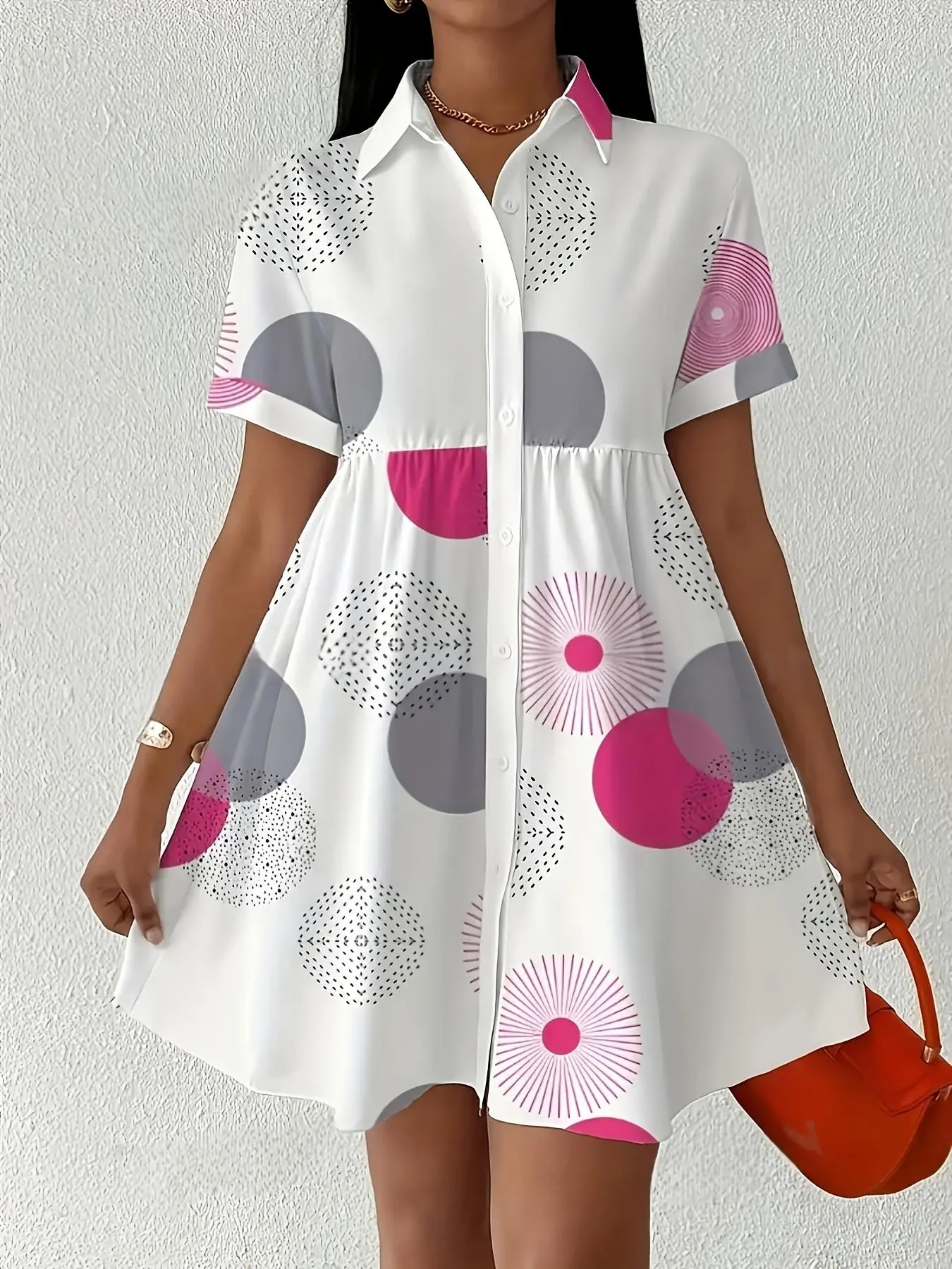 [Plus Size] All Over Print Shirt Dress, Casual Short Sleeve Collared Dress for Summer, Women's Clothes for Daily Wear, Womenswear, Casual Fashion Wear