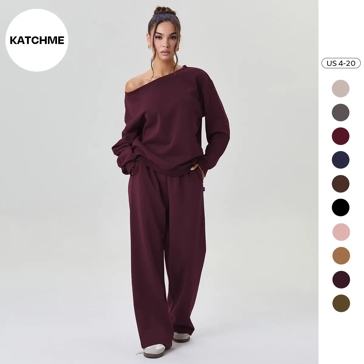Katch Me Chic(US)Women's Leisure Solid Color Sloping Shoulder Long Sleeve Top & Wide Leg Trousers Co-ord, Cozy Scoop Neck Loose Two Piece Outfits, Basic Womenswear