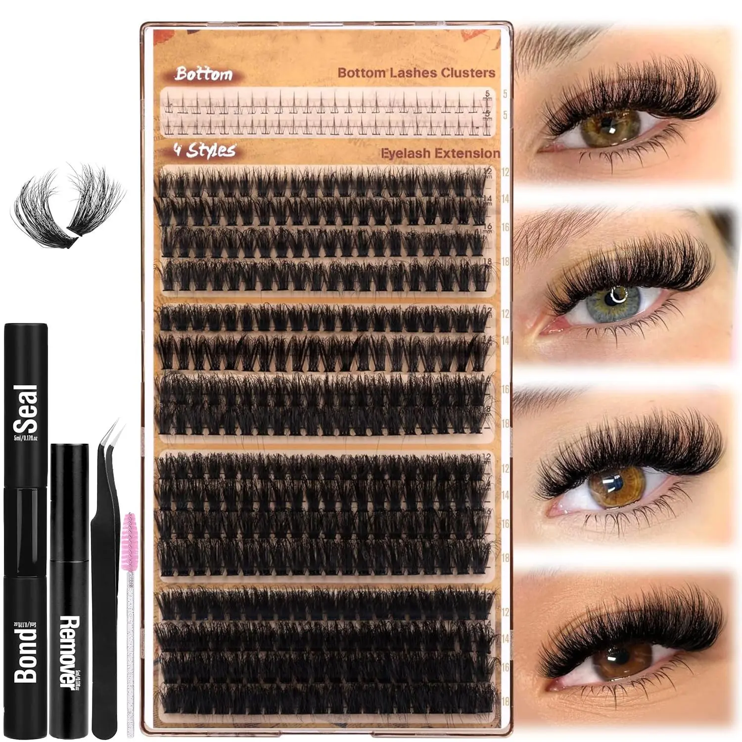 Individual False Eyelashes with Glue & Tweezers & Brush & Lashes Remover, 370pcs Natural Look Self Grafting Curl Fake Eyelash Clusters for Women Makeup, Eyelash Cluster Kit, Eyelash Extension Cosmetic, DIY Eyelash Extensions