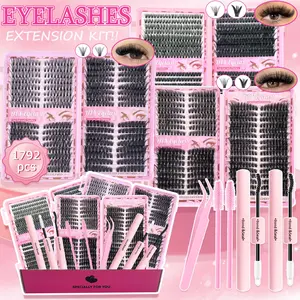 1792/2018/2200/2400PCS DIY Eyelash Extension Kit, Eyelash Extensions Kit, D Curl Individual Lashes, Eyelash Clusters, Dense Long Curled Lashes, Waterproof Lightweight, Includes Glue & Sealant, Tweezers, Brush, Gift Box