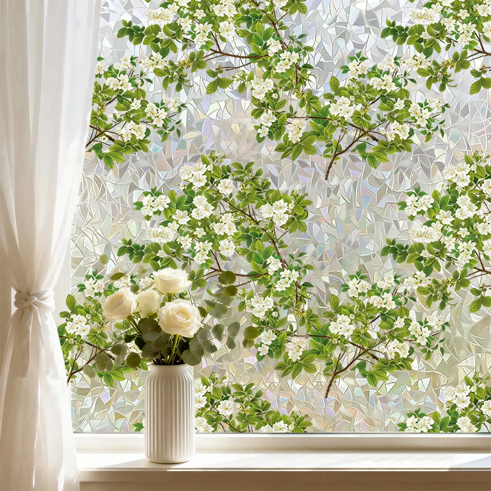 1 Roll Static Cling Iridescent Floral Privacy Window Tint - Artwork Interior Stickers, Decorative Cover Film Wallpaper Roll Wallpaper for Home Decor, Living Room & Kitchen Sliding Doors, Removable Building Supplies, Modern