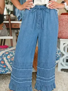 Women's Ruffled Hem Wide Leg Chambray Bottoms - Baggy Cotton Drawstring Bow Pants, Elastic Waist Cropped Trousers with Pockets, Loose Casual for Summer Vacation & Daily Wear, Bottom