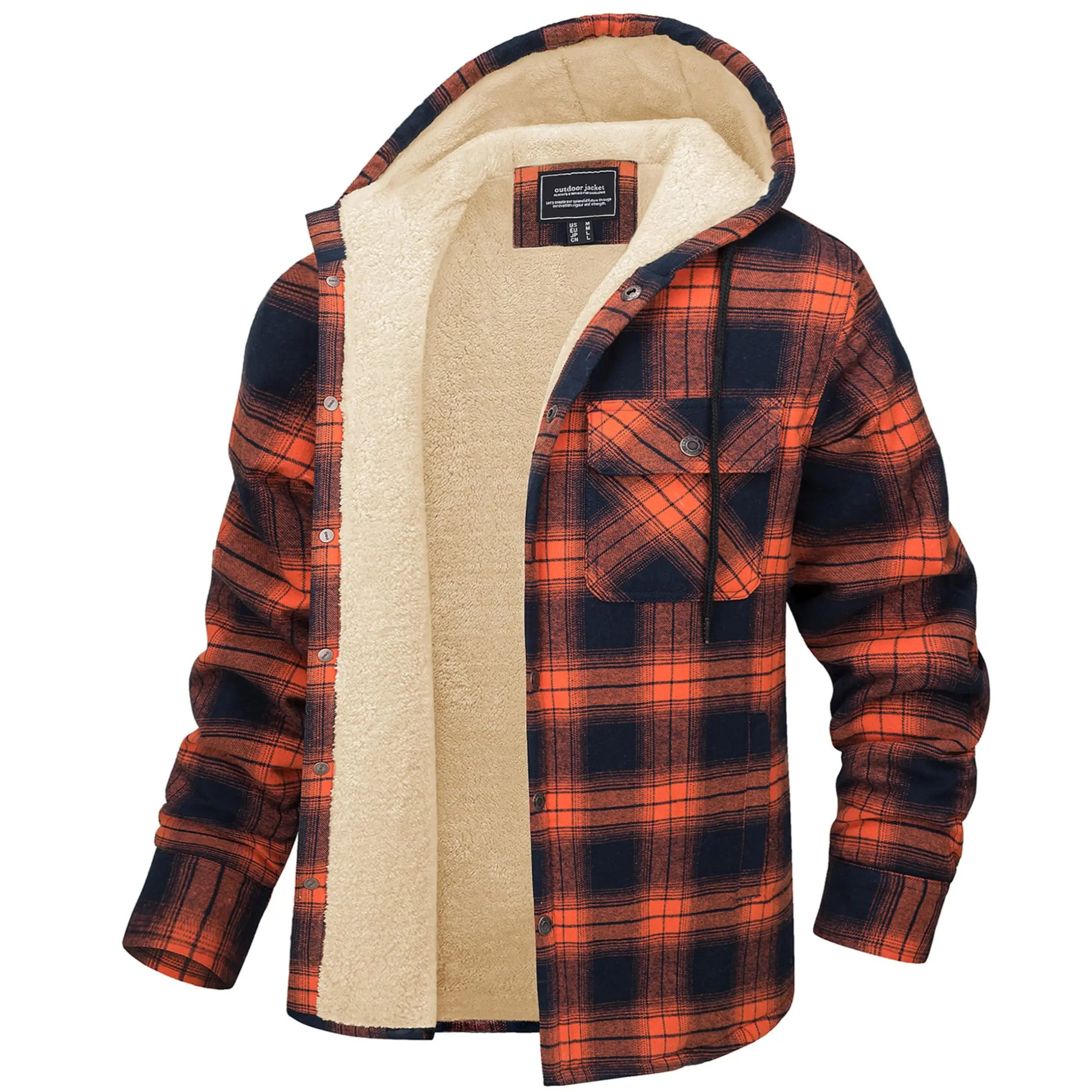 Magcomsen Men's Sherpa-Lined Plaid Flannel Jacket - Cotton Fabric Menswear Clothes, Thick Snap-Button Top with Pocket, Hooded Winter Outwear, Tops, Checkered, Shell, Office, Outdoor, Coats, Streetwear, Long, Thanksgiving, Fitted, Pockets