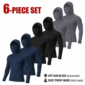 【6-Pack】Men's Outdoor Work Sun-Blocking Hoodie, 360° Protection Built-in Face Mask & Neck Cover, Lightweight Breathable Long Sleeve Shirts