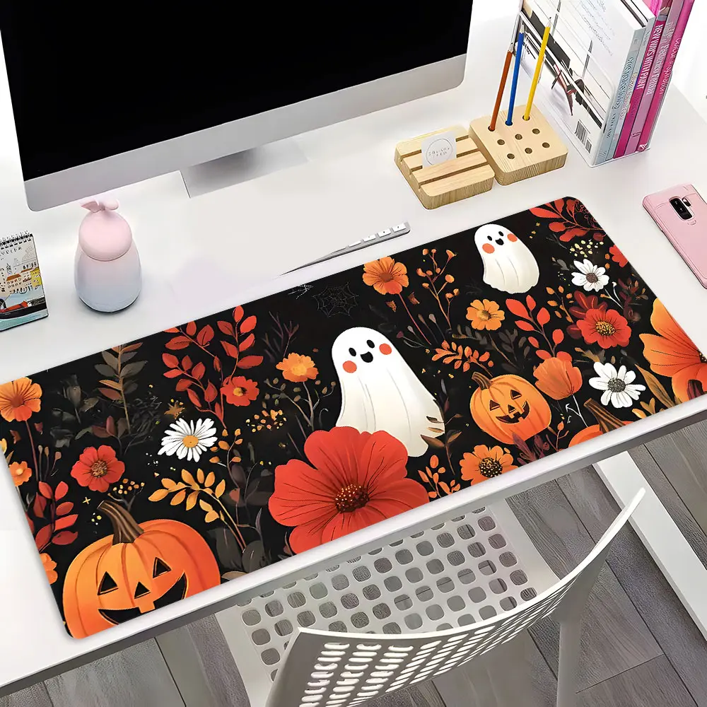 Halloween Spooky Ghost Pumpkin Floral Design Large Gaming Mouse Pad,Aesthetic Desktop Decoration Protection Pad,Rubber Pad Non-slip Lock Edge Work Pad,multi-size mouse pad suitable for laptop,desktop computer games, work,family, good gift for boys,