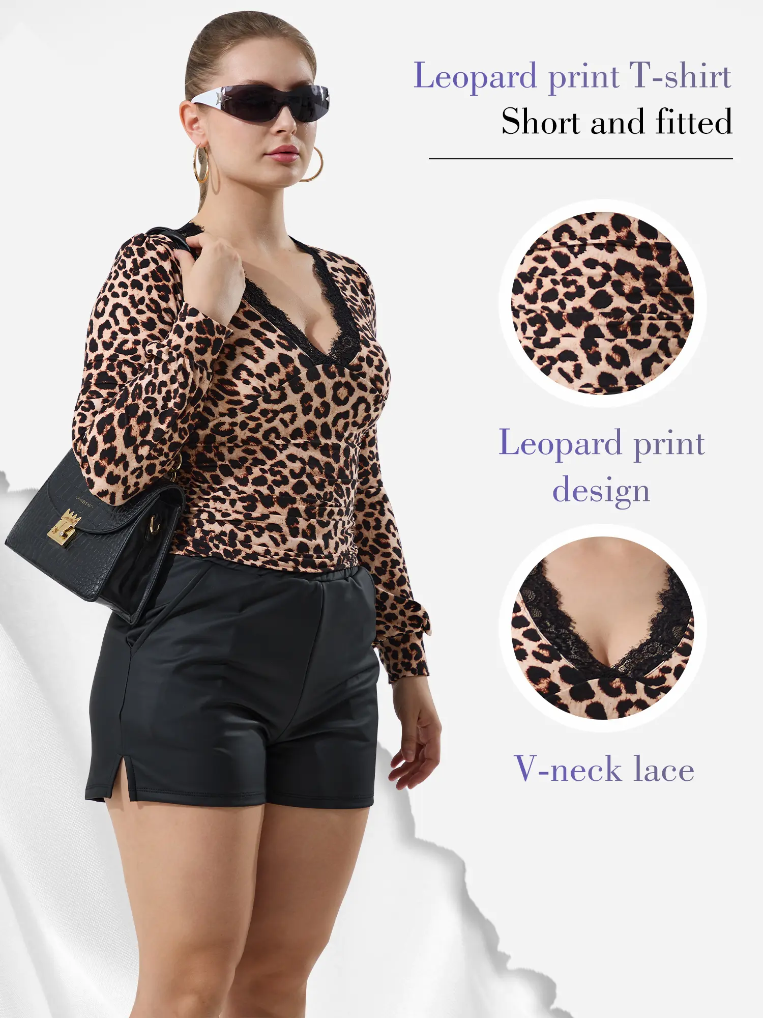 Women Elegant Leopard Print V Neck Lace Outfit Set, Slim Fitted Tee And Shorts Two Piece Suit, Casual Sports Daily Outdoor Wear For Women Long Sleeve Clothes