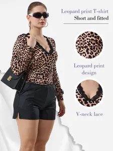 Women Elegant Leopard Print V Neck Lace Outfit Set, Slim Fitted Tee And Shorts Two Piece Suit, Casual Sports Daily Outdoor Wear For Women