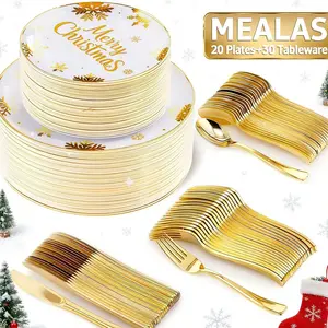 50-Piece Christmas Party Tableware Set, Includes Plastic Plates, Dessert Dishes, Cutlery, &, Perfect for Holiday Events