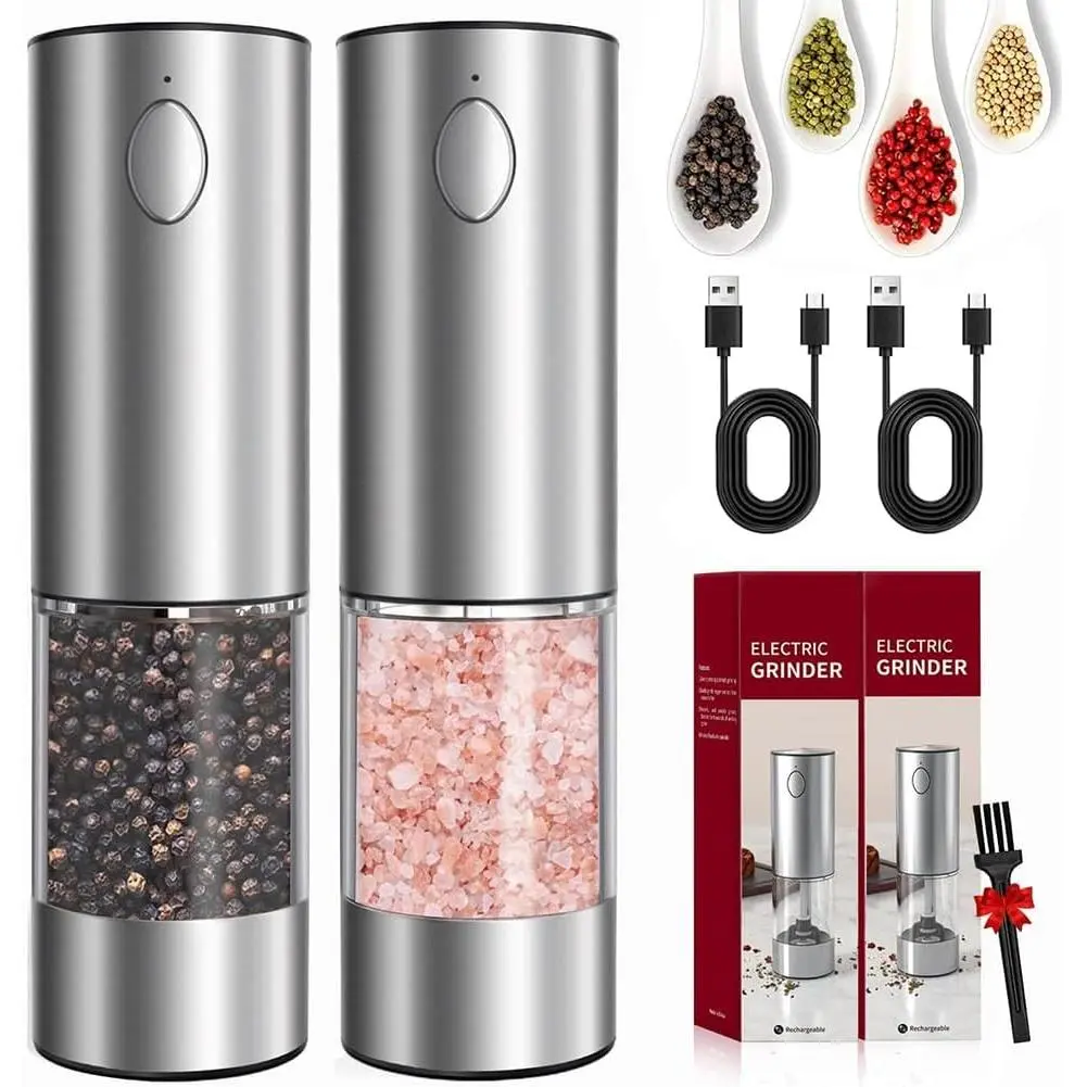 Rechargeable Electric Salt and Pepper Grinder Set, 2 Pack USB-C Pepper Mill with LED Light, 5 Adjustable Coarseness, One-Hand Operation for Kitchen, BBQ, Cooking