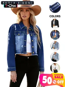 High Elasticity Denim Jacket with Fitted Design, Casual Plain Ripped Style for All Seasons, Long Sleeve Women's Outerwear Coats