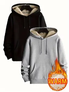 Two-piece unisex casual hoodie with adjustable drawstring hem and ribbed cuffs, solid color fleece interior with kangaroo pocket design suitable for autumn and winter men's clothing, 100% polyester men's sweatshirt top