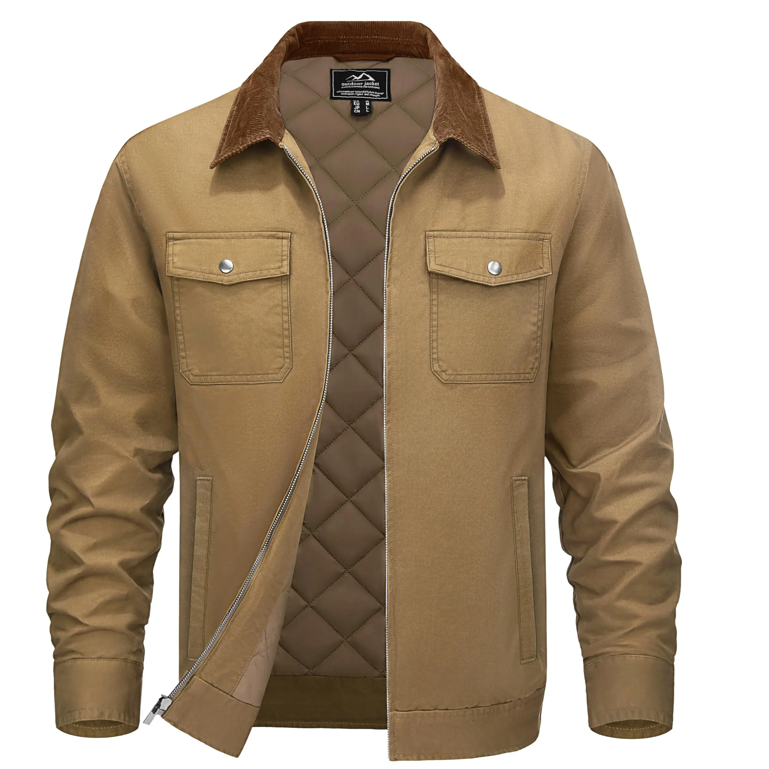 MAGCOMSEN Men's Vintage Coats, Quilted Cotton Workwear Jacket with Corduroy Collar & 5 Pockets, Lightweight Insulated Tops, Long Sleeve