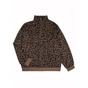 Women's Casual Leopard Print Zip-Up Hoodie - Long Sleeve, Loose Fit, Half-Zip Design, Brown & Black Retro Style For Spring/Fall bubble