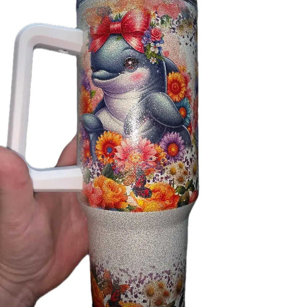 40oz Glitter Dolphin Cup, Reusable Insulated Tumbler for Daily Use, Travel-Friendly Drinkware