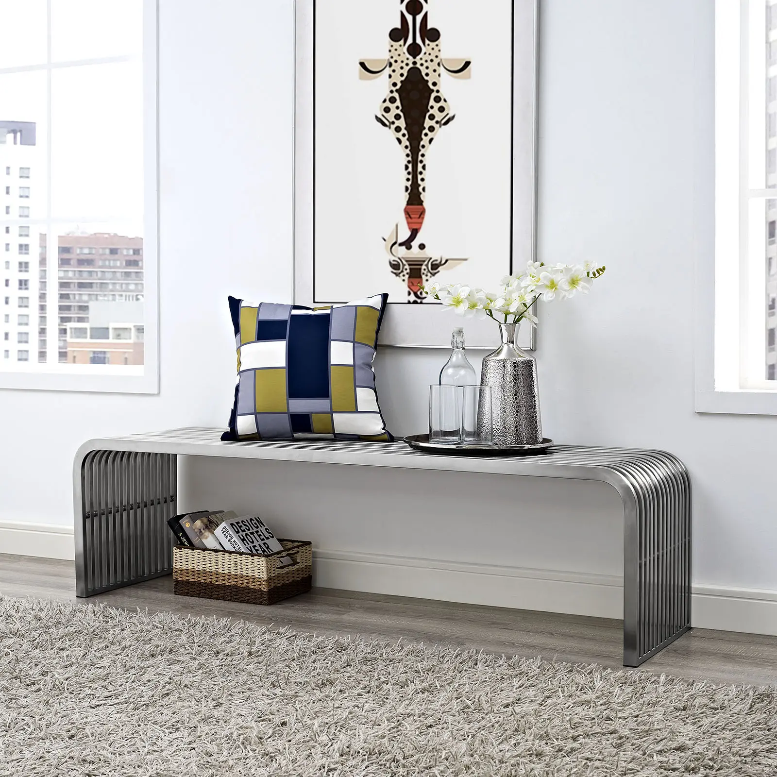 Modway Pipe 60" Stainless Steel Bench in Silver
