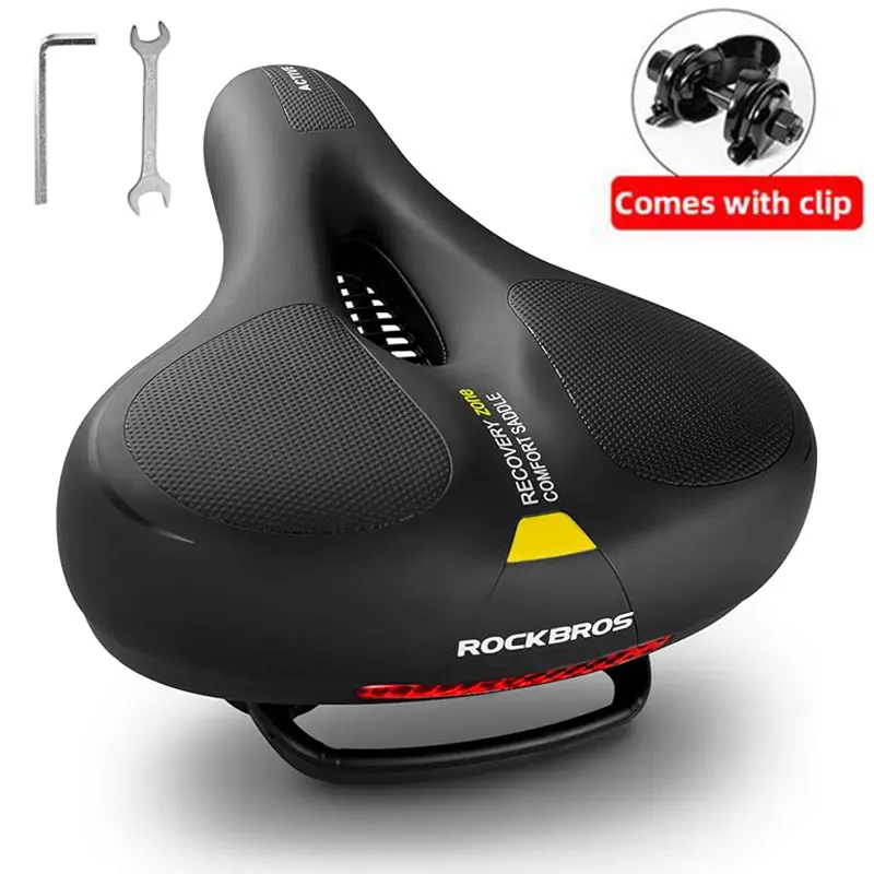 ROCKBROS Ergonomic Bike Saddle, Wide Waterproof PU Leather Seat with Shock Absorption - Universal Fits for Women, Men & Boys, Breathable Hollow Core, Reflective Strips, Unisex