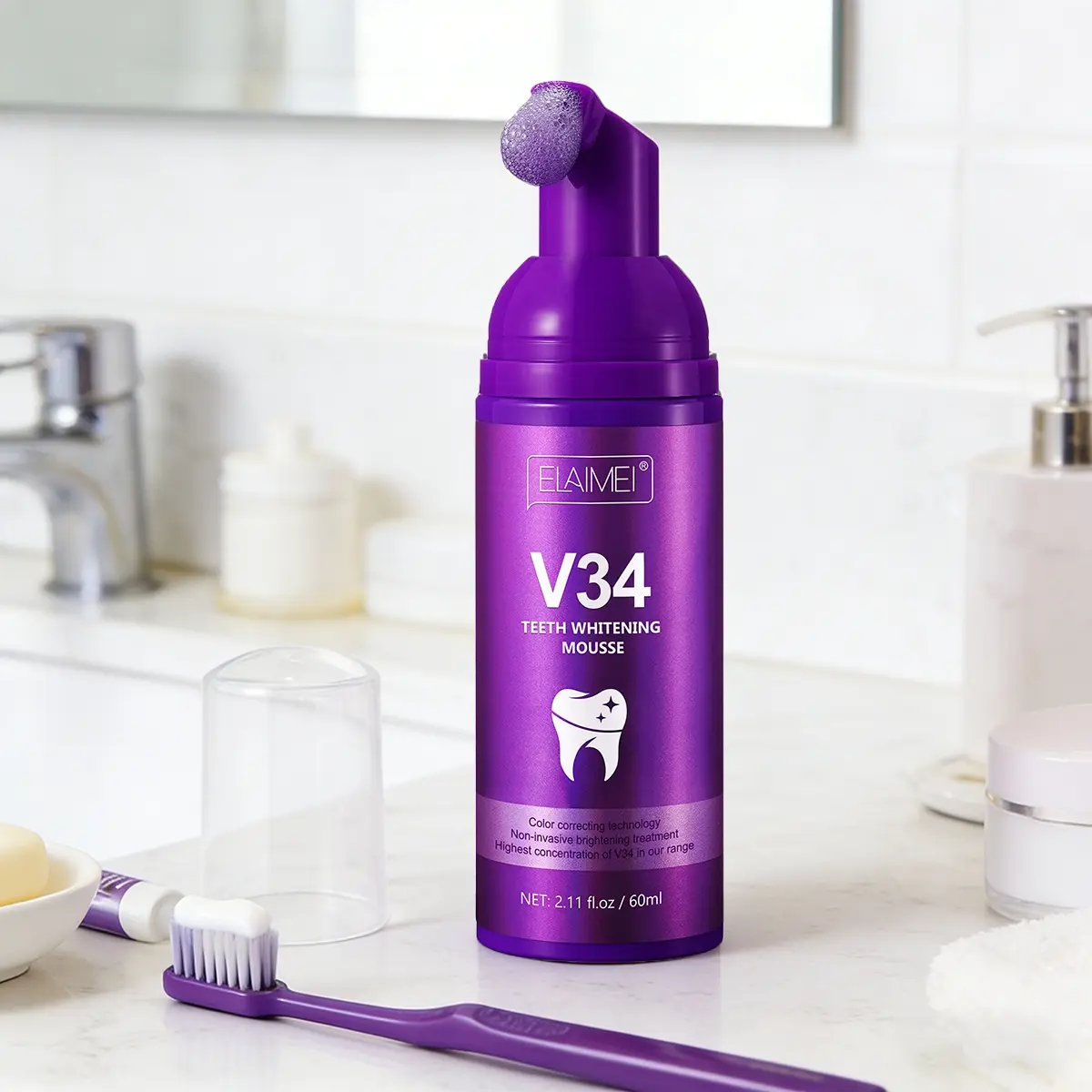 ELAIMEI Purple Peppermint Teeth  Mousse 60ml - Color Correcting Formula for Stubborn Yellow Stain Removal