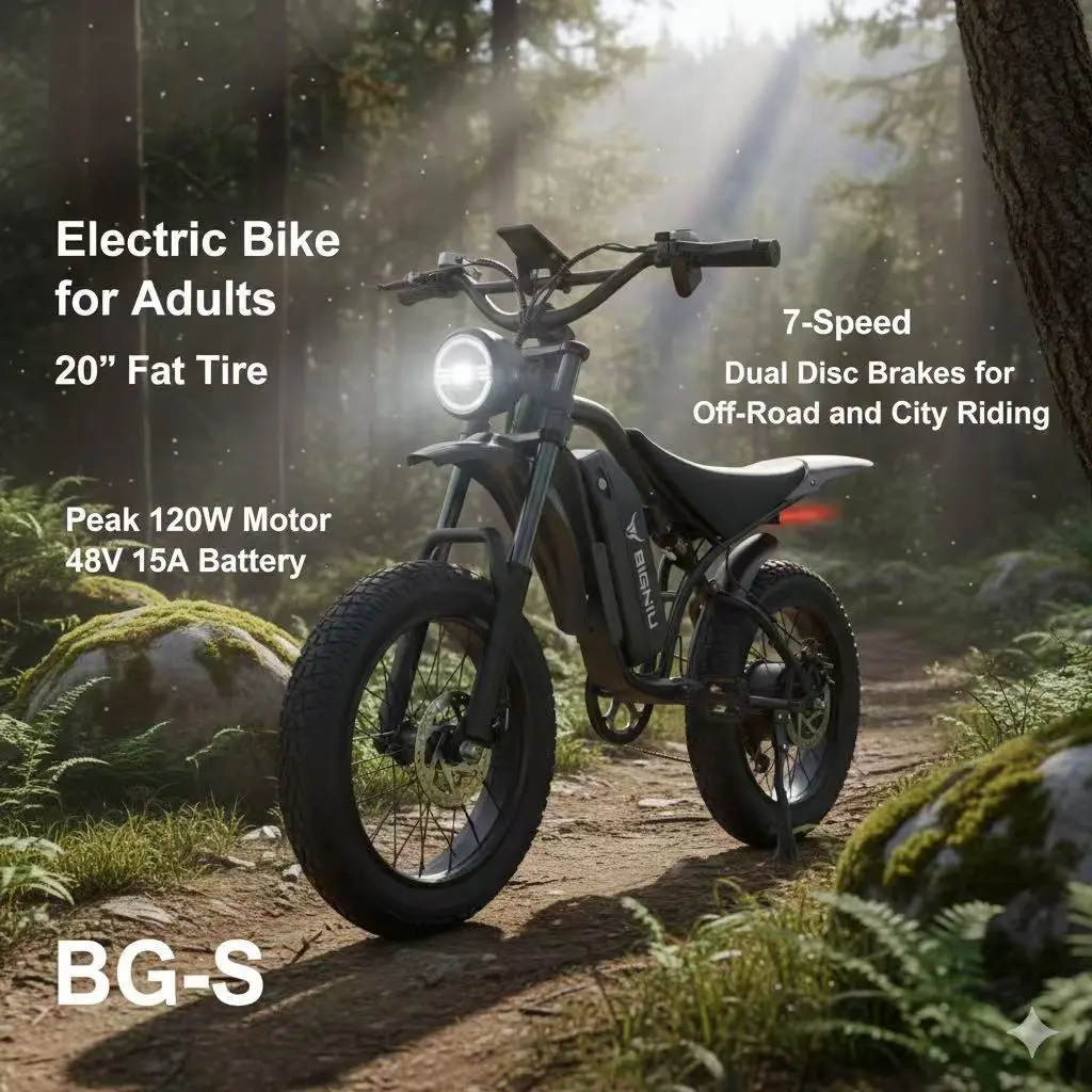 BIGNIU Electric Bike for Adults 20" Fat Tire 1200W Motor 48V 15A Battery 7-Speed Dual Disc Brakes Off-Road & City Riding BG-S