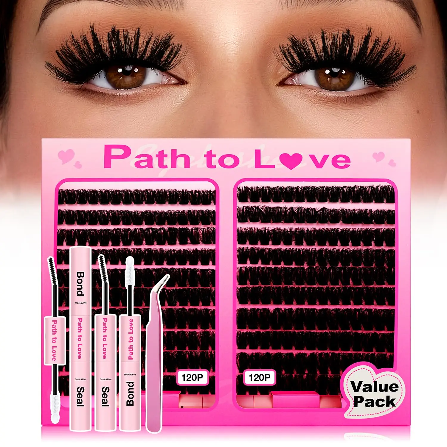 300PCS DIY Lash Clusters Kit – 120D Volume 3D D Curl Individual Eyelash Extensions with Bond, Seal & Tweezers (14-22mm)