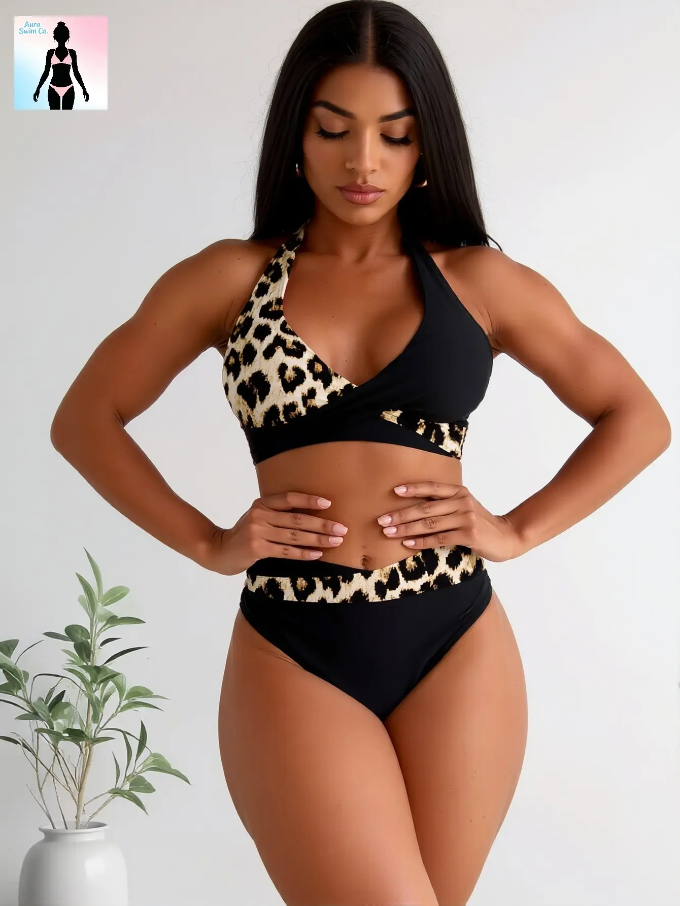 Aura Swim Women's 2026 Leopard Print 2-Piece Bathing Suit - Soft, Adjustable Criss Cross Halter Top, High-Waisted Tummy Control Patchwork Bottoms, Leopard Print Turns Heads, Budget Tropical Swimwear for Beach Vacations, Pool Parties, Size S, Swimsuits For