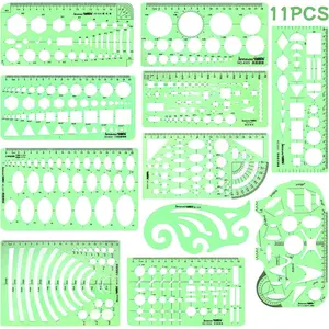 11PCS Geometric Drawing Templates Drafting Stencils Measuring Tools Transparent Green Plastic Ruler for Architecture Office Studying Designing