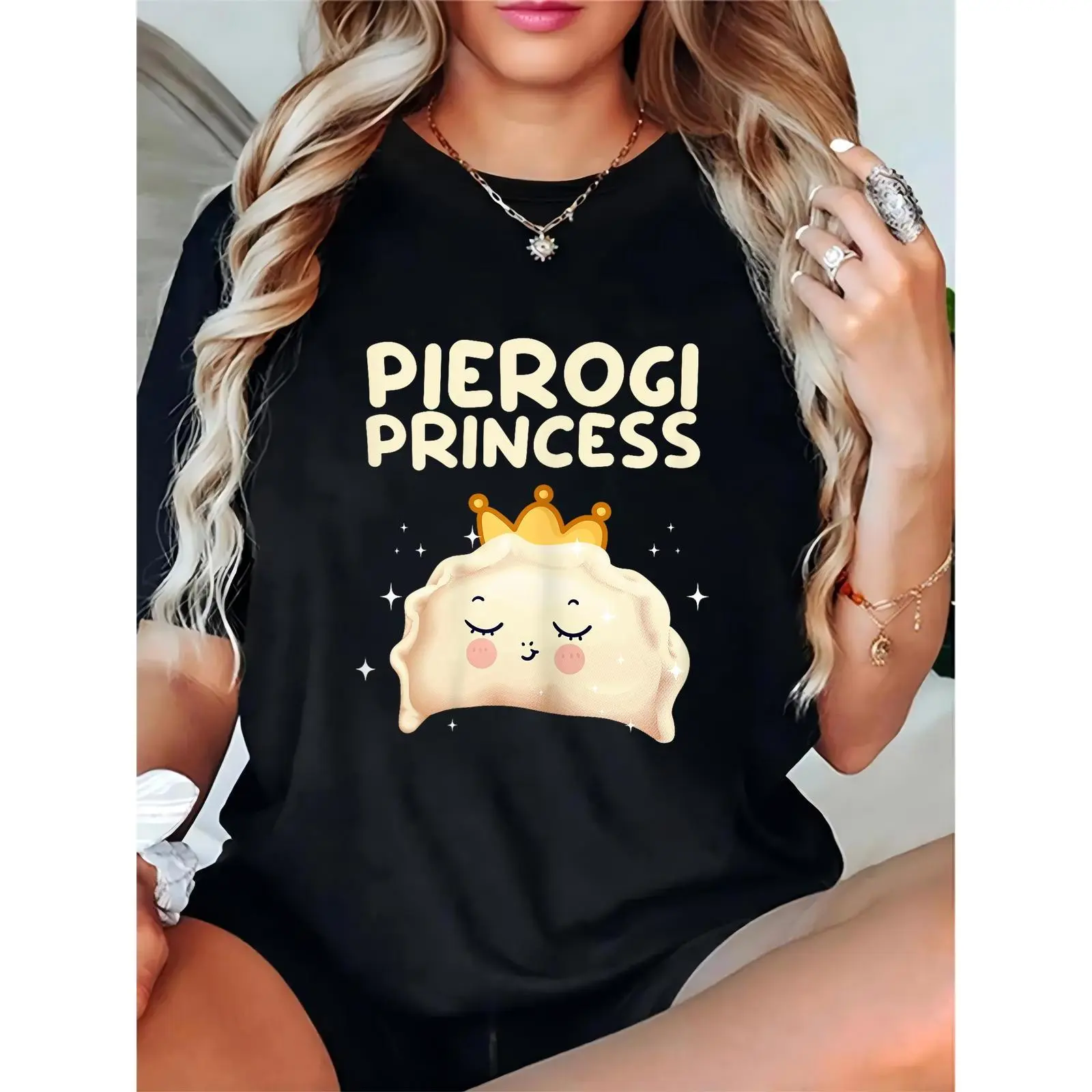 Women's Pierogi Princess Graphic T - Shirt, Cute Cartoon Pierogi with Crown & Stars, Food Lover Casual Tee for Daily, Family Gatherings, Pierogi Fans Gift 100% Cotton T-shirt