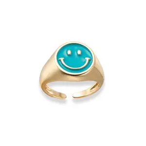 Medium Chunky Teal Smiley Face Gold Ring