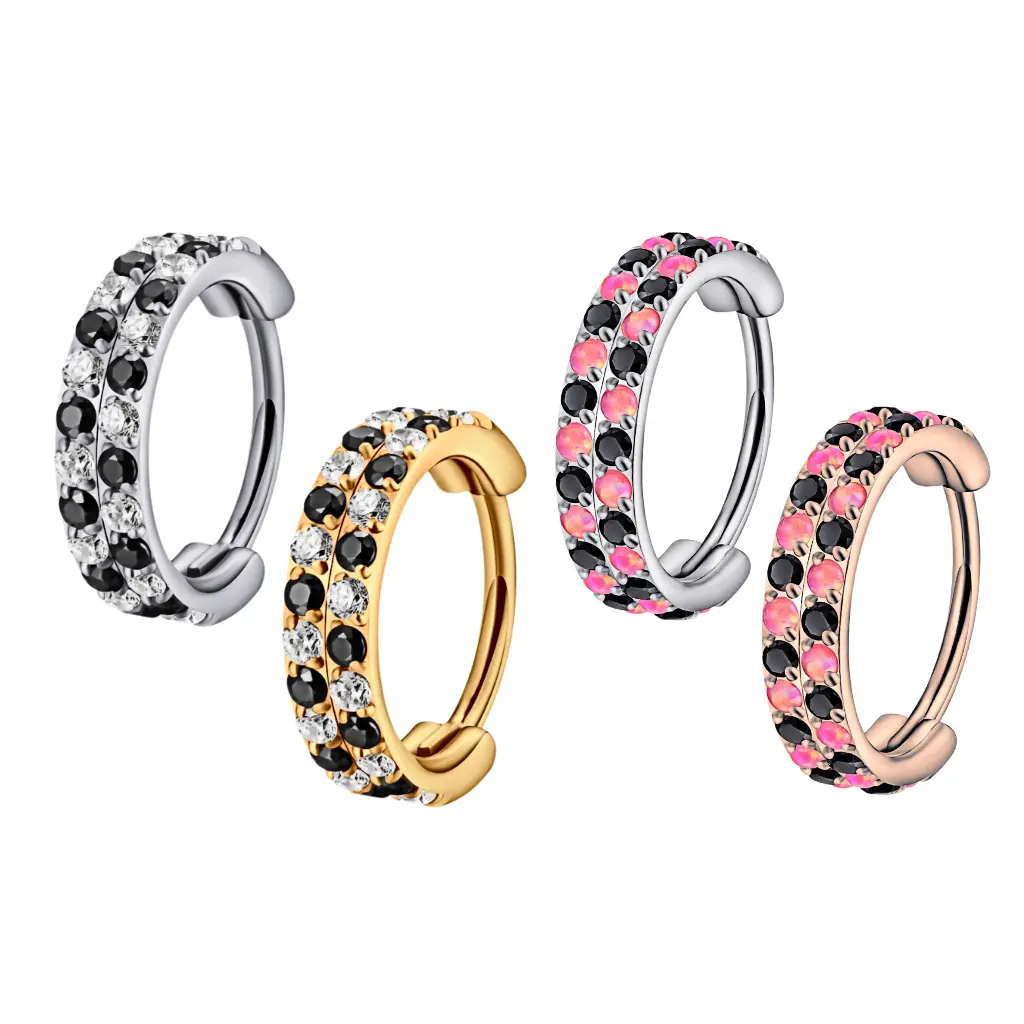 Titanium alloy double-row micro-inlaid gemstone hinged nose ring| Grid nose ring
