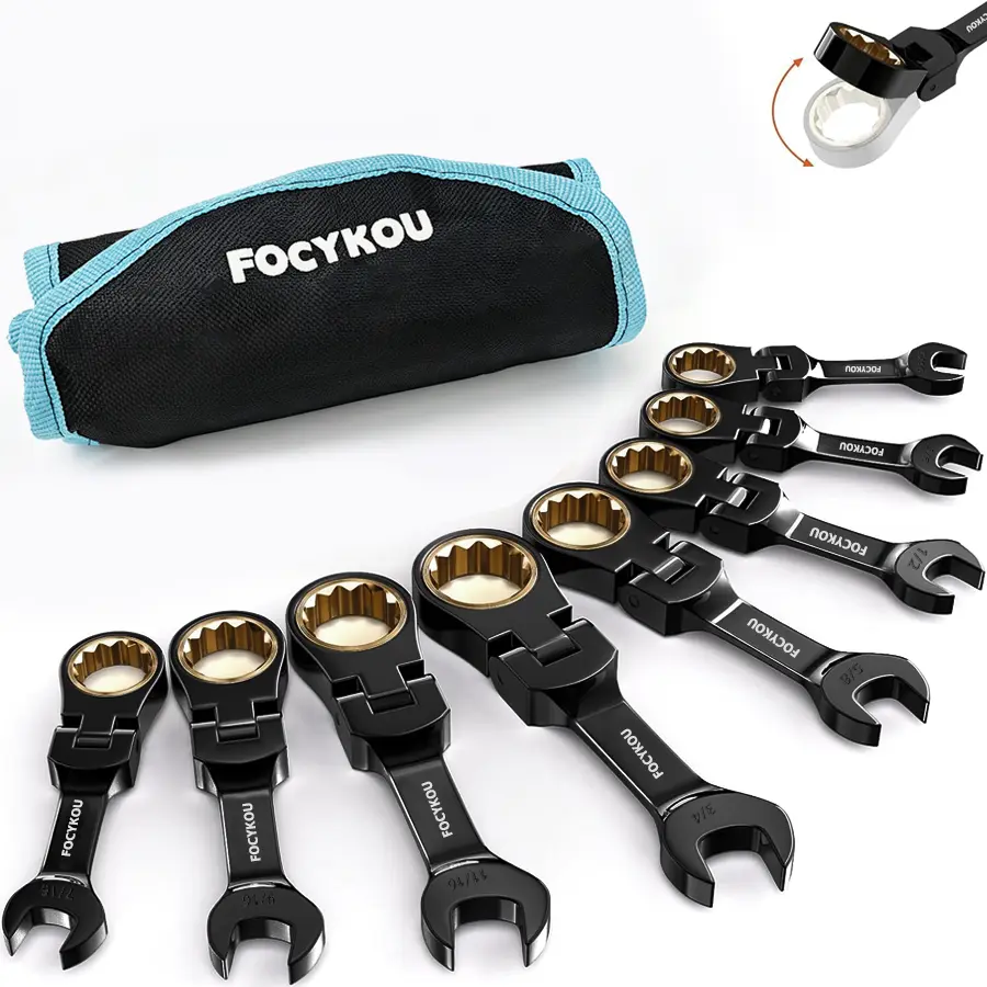 8-Piece Stubby Flex-Head Ratcheting Wrench Set, Metric 8-17mm | Anti-slip, 72-Teeth, CRV, Black Electrophoretic Coating, for Mechanics, DIYers and Home Repairs, Includes Rolling Pouch