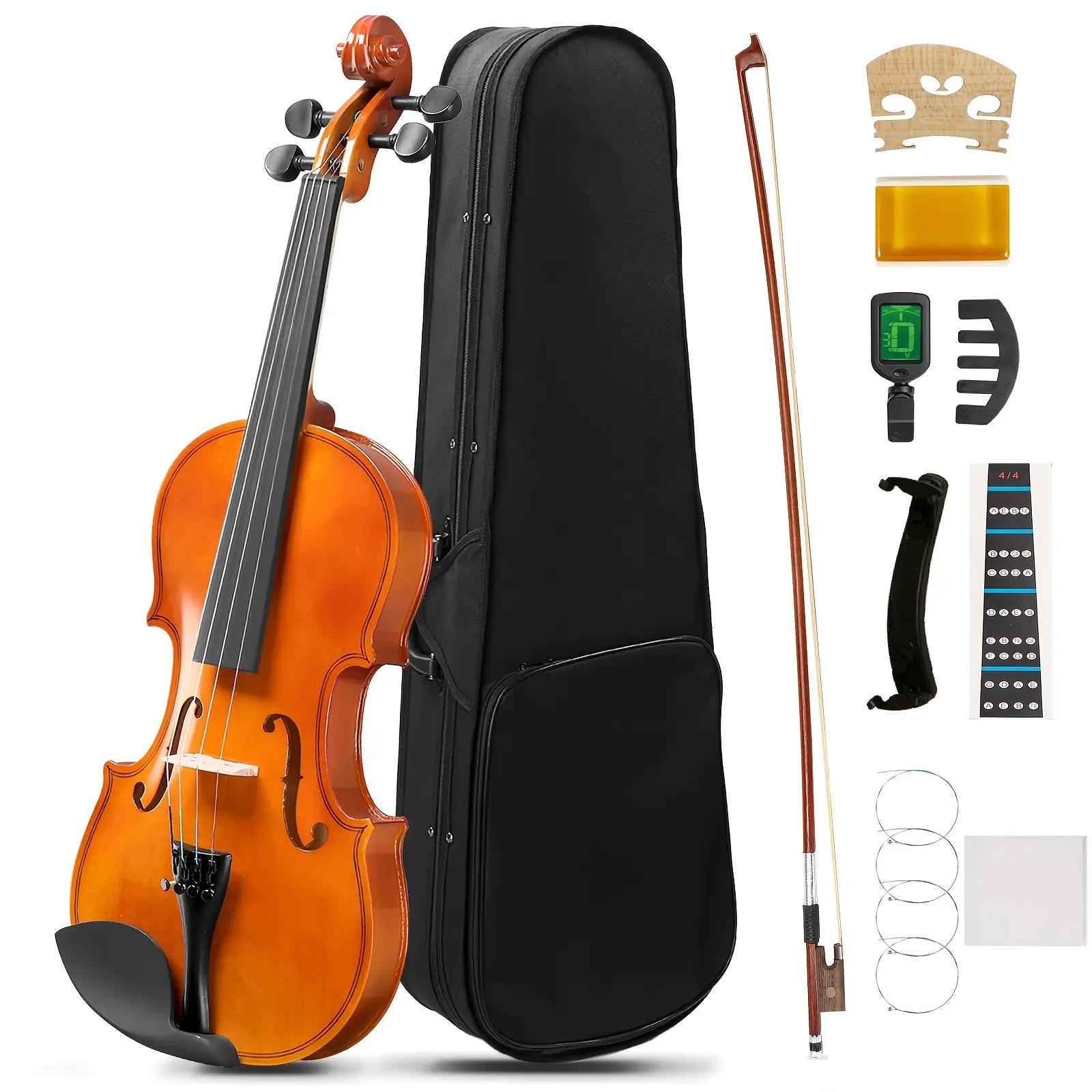 4/4 Beginner Violin Set with Basswood Neck, Ebony Fittings - Complete 4 Strings Package for Students, Adults | Travel Case, Bow, Extra Strings, Mute, Tuner, Shoulder Rest, Cleaning Cloth