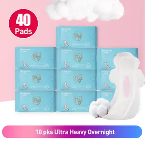 10 Packs/40 Counts Zhuyin NUltra Long Night Sanitary Napkin, Organic Cotton Super Absorbency Menstrual Pads with Wings for 430mm Night Pads, Unscented, for Extremely Heavy Flow Feminine Pads Bundle