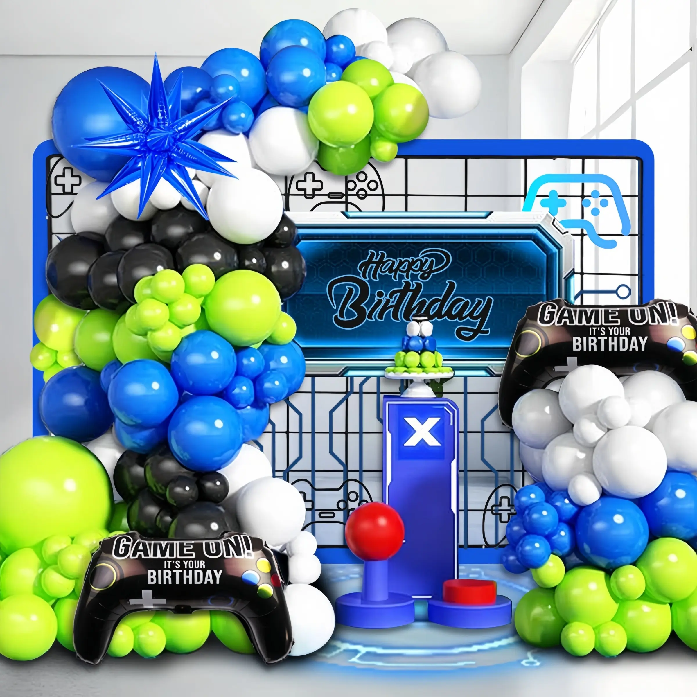 107 game themed balloon arch set, Balloon arch kit, 22 inch blue exploding star aluminum foil balloon game controller paired with blue balloons, perfect for boys, game theme, birthday party, anniversary celebration