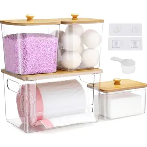 4 Pcs Extra Large Trash Bag Dispenser & Laundry Containers, Wall Mounted Clear Laundry Pods Container Dryer Sheet Holder with Lids for Laundry Room Organization and Storage