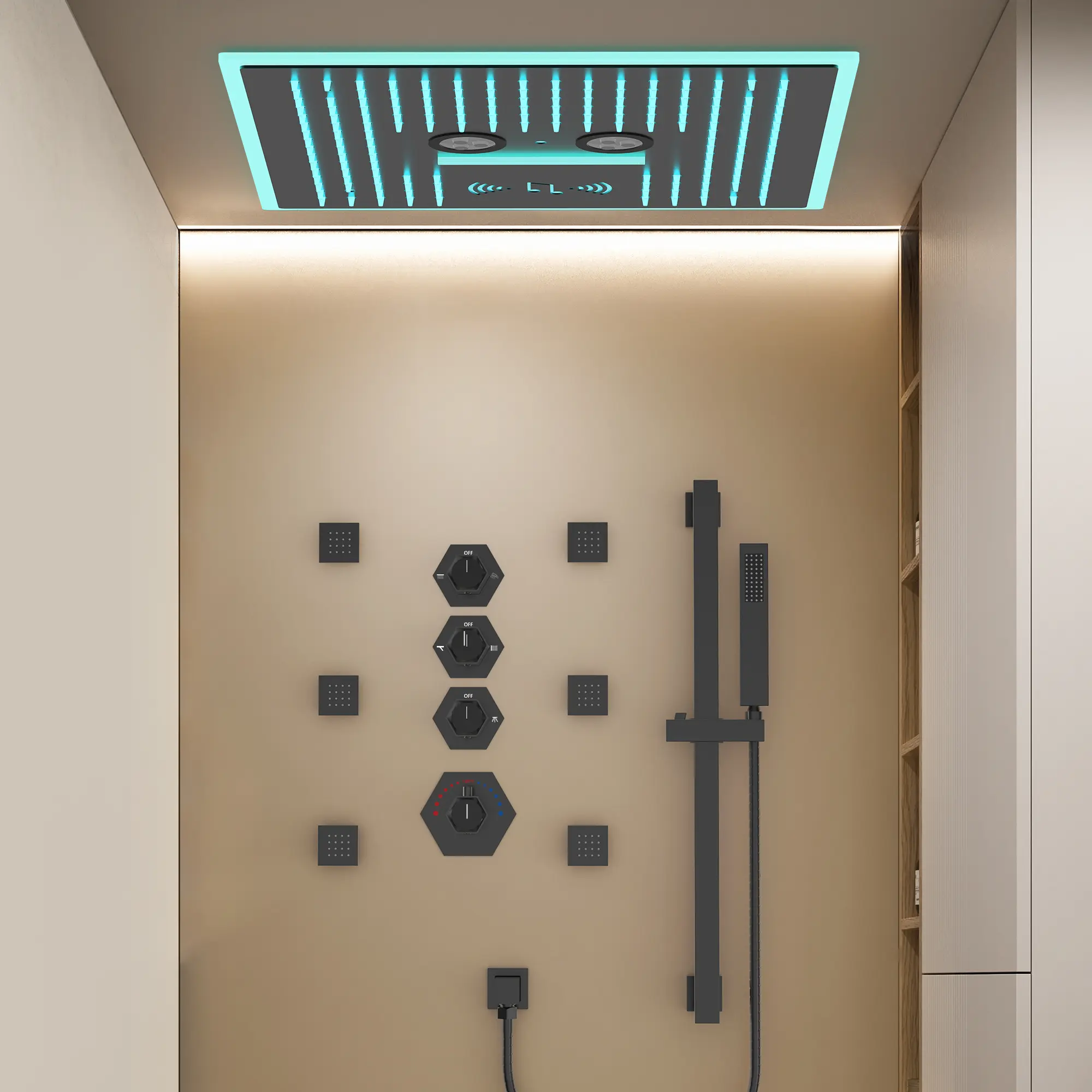 16" High-Pressure Rainfall Complete Shower System with Bluetooth Music and LED,  Rough in-Valve, 2.5 GPM | Smart Temp Flow | 17 Spray patterns | Revitalize with Body Jets | Stable Water Temperature | Precision Temperature Control shower equipment