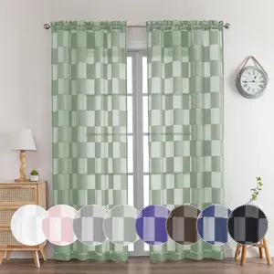 Barry Green Sheer Curtains 84 Inch Length 2 Panels  Checkered Light Filtering Soft Airy Voile, Clip Jacquard Textured Drapes for Bedroom Living Room Window, Dual Rod Pocket, 42Wx84L