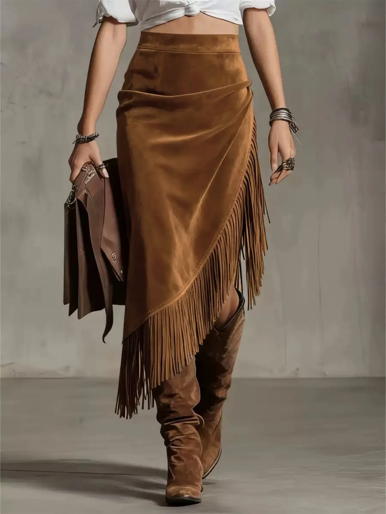 Women's Western Style Irregular Design Fringe Skirt, Boho Western Skirt, Pure Color Half-Sleeve Dress, Casual Fashion Clothing for Women, Womenswear