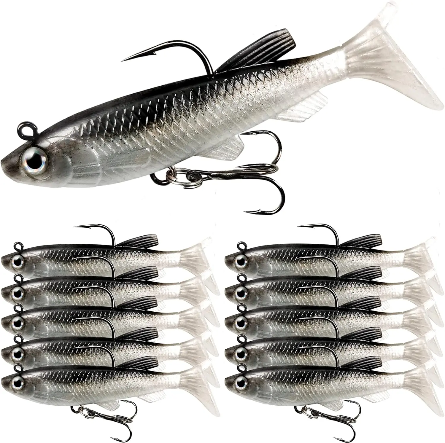 10pcs 3.15in 0.45oz Hi-Grade Plastic Soft Shad Minnow Swimbait Set, Pre-Rigged Jig Head Paddle Tail Fishing Lures with Treble Hooks, Sinking Bait for Bass Walleye (Saltwater-Freshwater)