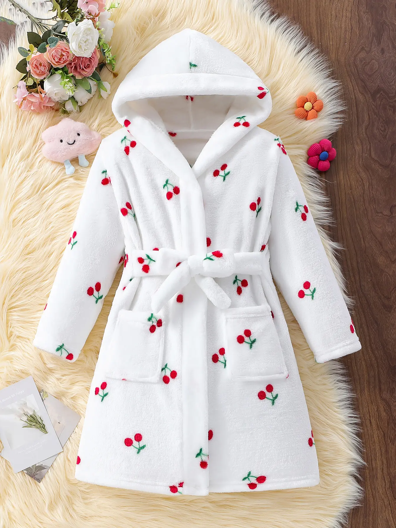Kids Girls Cherry Print Flannel Hooded Bathrobe, Soft Fleece Plush Robe for Toddler, Cute Cozy Loungewear Sleepwear for Bath, Bedtime, Lounging