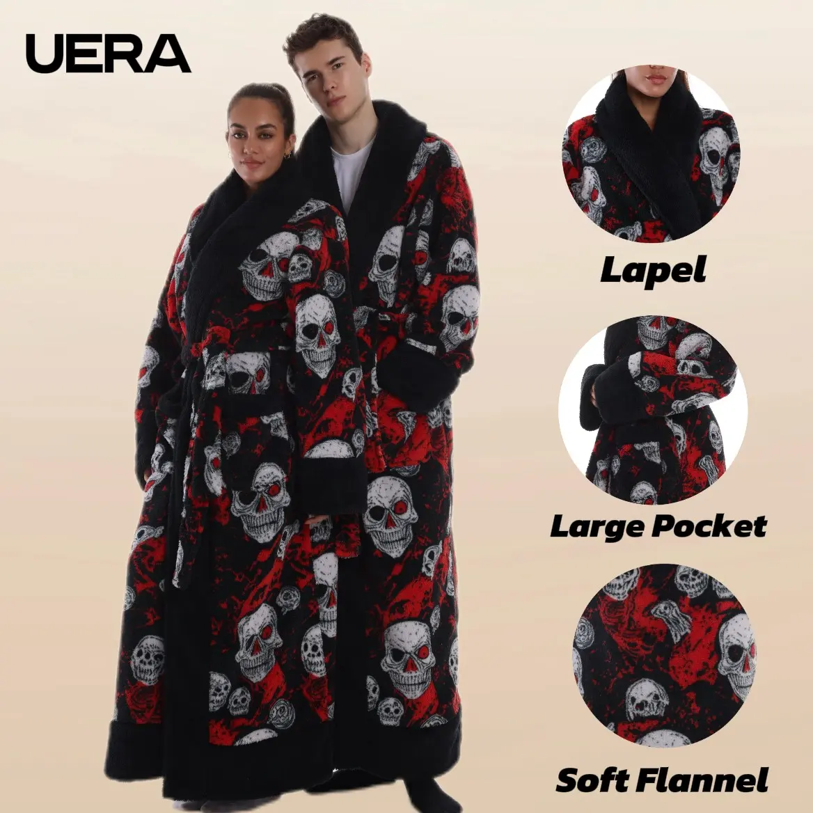 1pc Skull Print Flannel Bathrobe, Loungewear, Nightwear, Lapel Neck Design, with Belt and Pockets, Unisex, Soft and Warm, Perfect Gift