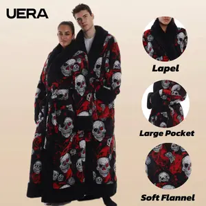1pc Skull Print Flannel Bathrobe, Loungewear, Lapel Neck Design, with Belt and Pockets, Unisex, Soft and Warm, Perfect Gift