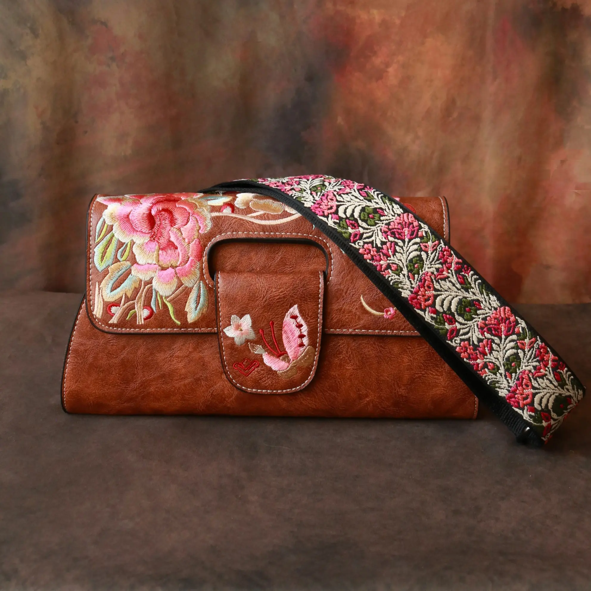 Embroidtale Embroidered Women's Purse Cross-body Shoulder Bag Clutch with Strap Vegan Leather