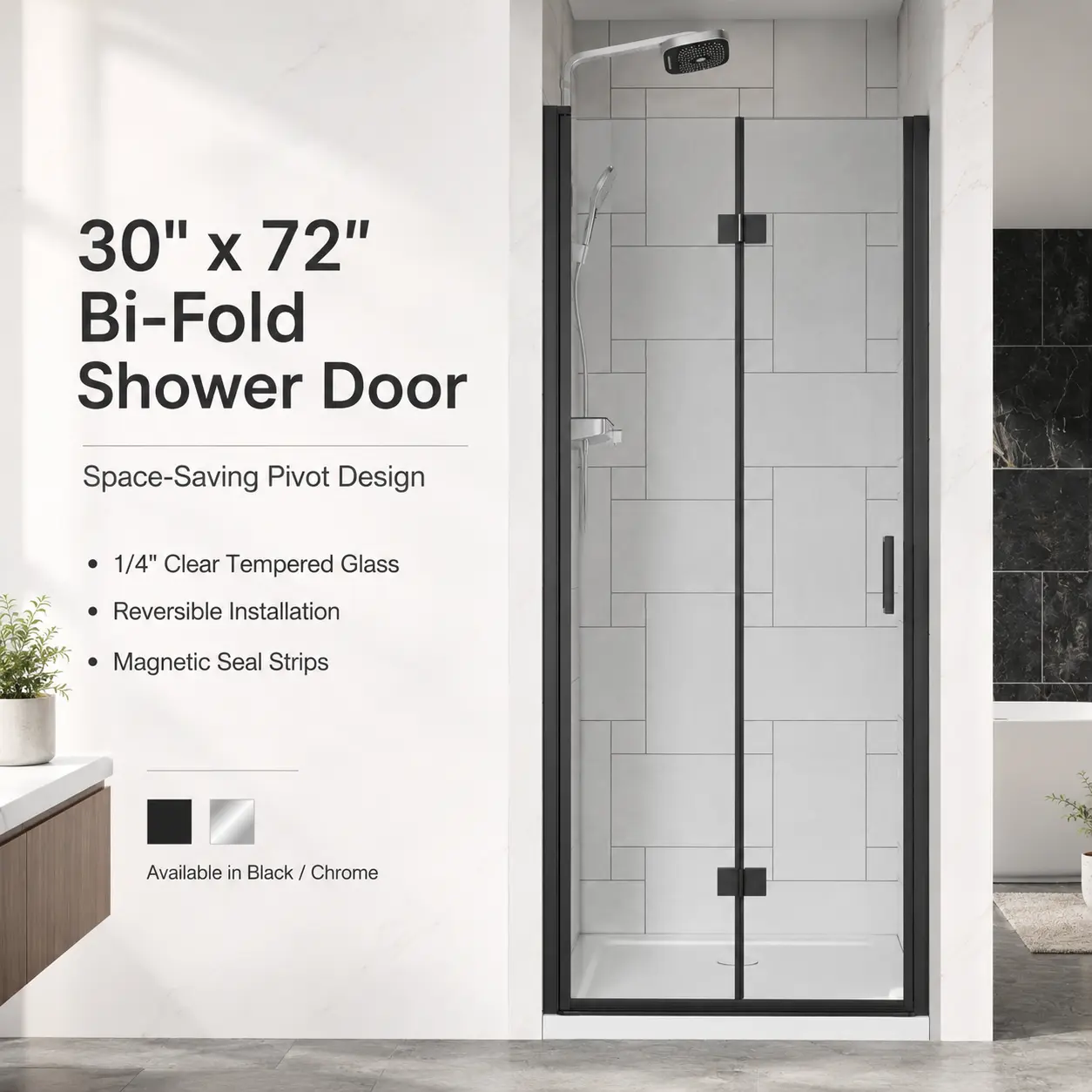 30" x 72" Frameless Bi-Fold Shower Door, 1/4" Clear Tempered Glass, Pivot Folding Design, Reversible Installation