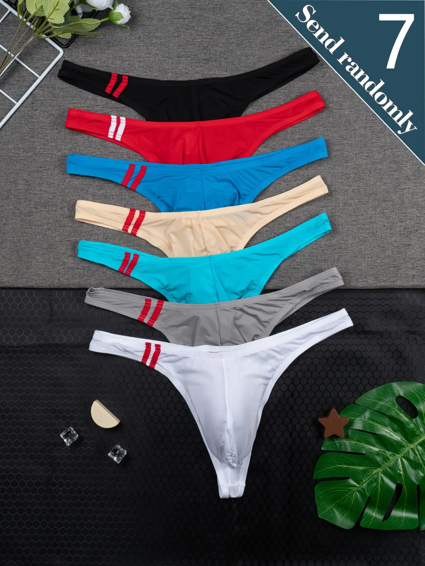 7-piece set, men's stretchy, simple, casual thong underwear, triangle underwear, solid-colored, breathable, comfortable, smooth-fitting thong underwear, Knit fabric underwear, Elastic knit underwear, Breathable Comfy Underwear